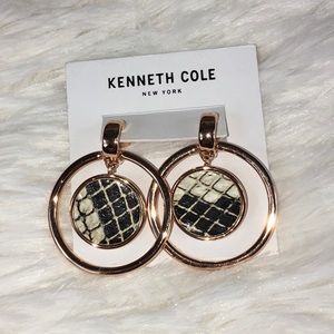Kenneth Cole Round GoldHoop Black & White Snakeskin Detail Dangle Earrings, New